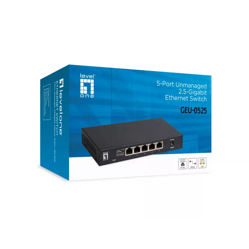 5-Port Unmanaged 2.5G Ethernet Switch LEVELONE GEU-0525 — 5× 2.5G RJ-45, nevadāms, 25 Gbit/s komutācijas jauda, piestiprināms pie sienas