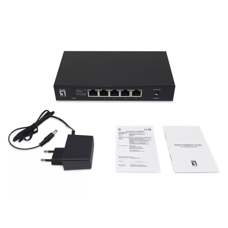 5-Port Unmanaged 2.5G Ethernet Switch LEVELONE GEU-0525 — 5× 2.5G RJ-45, nevadāms, 25 Gbit/s komutācijas jauda, piestiprināms pie sienas