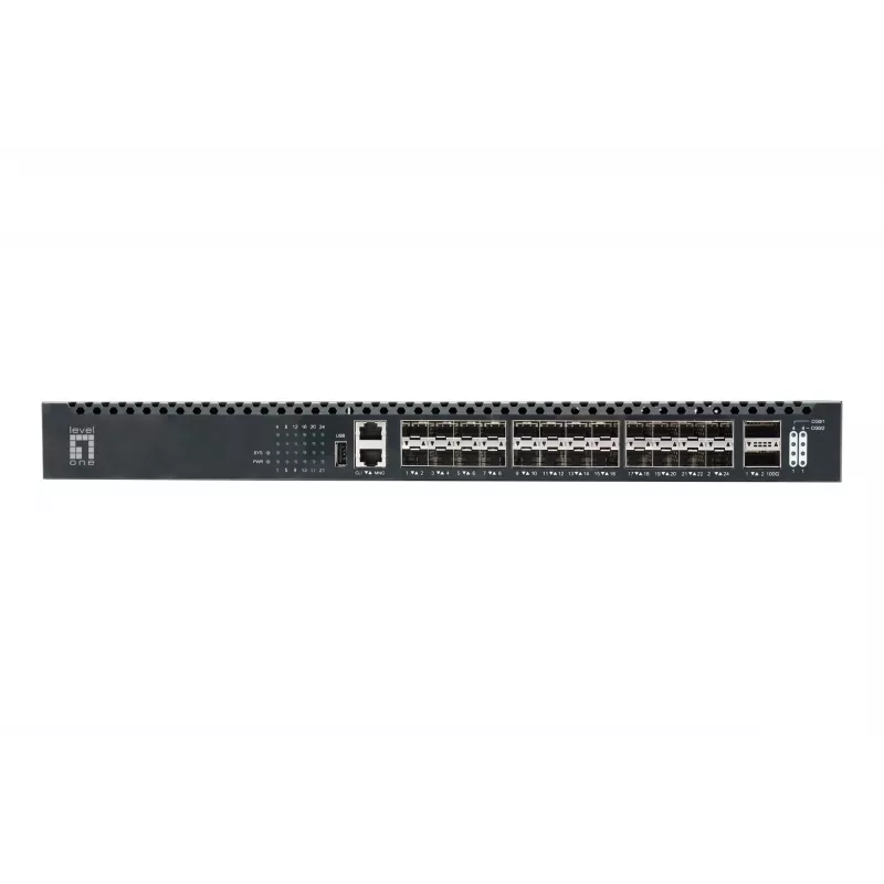 LevelOne 26 portu L3 pārvaldāms TOR optiskās šķiedras komutators, 24x 1/10GbE SFP+, 2x 40/100GbE QSFP28, karstās nomaiņas dublēts barošanas bloks