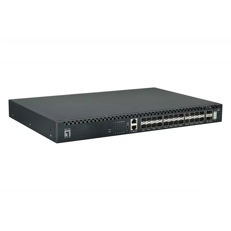 LevelOne 26 portu L3 pārvaldāms TOR optiskās šķiedras komutators, 24x 1/10GbE SFP+, 2x 40/100GbE QSFP28, karstās nomaiņas dublēts barošanas bloks
