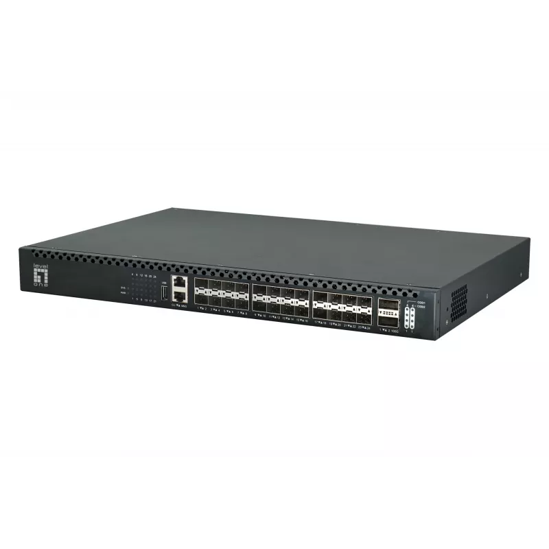 LevelOne 26 portu L3 pārvaldāms TOR optiskās šķiedras komutators, 24x 1/10GbE SFP+, 2x 40/100GbE QSFP28, karstās nomaiņas dublēts barošanas bloks