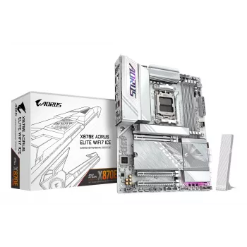 GIGABYTE X870E AORUS ELITE WIFI7 ICE mātesplate - atbalsta AMD Ryzen 9000 CPU, 16+2+2 fāžu digitālais VRM, līdz 8200 MHz DDR5 (OC), 3xPCIe 5.0 + 1xPCIe 4.0, Wi-Fi 7, 2.5GbE LAN, USB 4