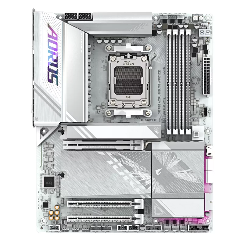 GIGABYTE X870E AORUS ELITE WIFI7 ICE mātesplate - atbalsta AMD Ryzen 9000 CPU, 16+2+2 fāžu digitālais VRM, līdz 8200 MHz DDR5 (OC), 3xPCIe 5.0 + 1xPCIe 4.0, Wi-Fi 7, 2.5GbE LAN, USB 4