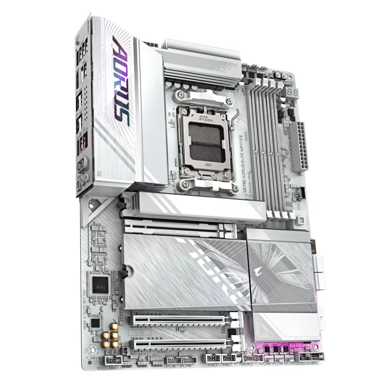 GIGABYTE X870E AORUS ELITE WIFI7 ICE mātesplate - atbalsta AMD Ryzen 9000 CPU, 16+2+2 fāžu digitālais VRM, līdz 8200 MHz DDR5 (OC), 3xPCIe 5.0 + 1xPCIe 4.0, Wi-Fi 7, 2.5GbE LAN, USB 4