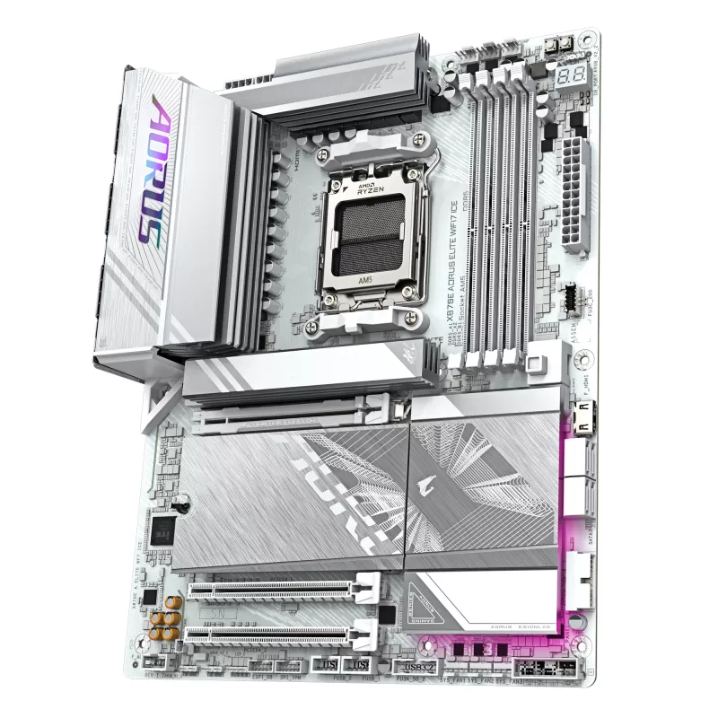 GIGABYTE X870E AORUS ELITE WIFI7 ICE mātesplate - atbalsta AMD Ryzen 9000 CPU, 16+2+2 fāžu digitālais VRM, līdz 8200 MHz DDR5 (OC), 3xPCIe 5.0 + 1xPCIe 4.0, Wi-Fi 7, 2.5GbE LAN, USB 4