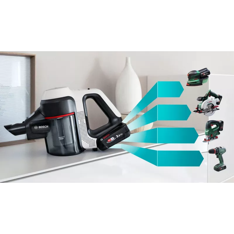 Bosch BSS711W stieņa putekļsūcējs/elektriskā slota Baterija Sausā Bez maisiņa 0.3 L Melna, Sudraba, Balta