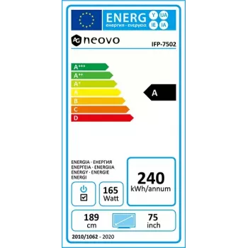 AG Neovo IFP-7502 interaktīvā plakanā paneļa 189,2 cm (74,5 collu) LCD Wi-Fi 350 cd/m² 4K Ultra HD Melns Skārienekrāns Iebūvēts procesors Android 8.0