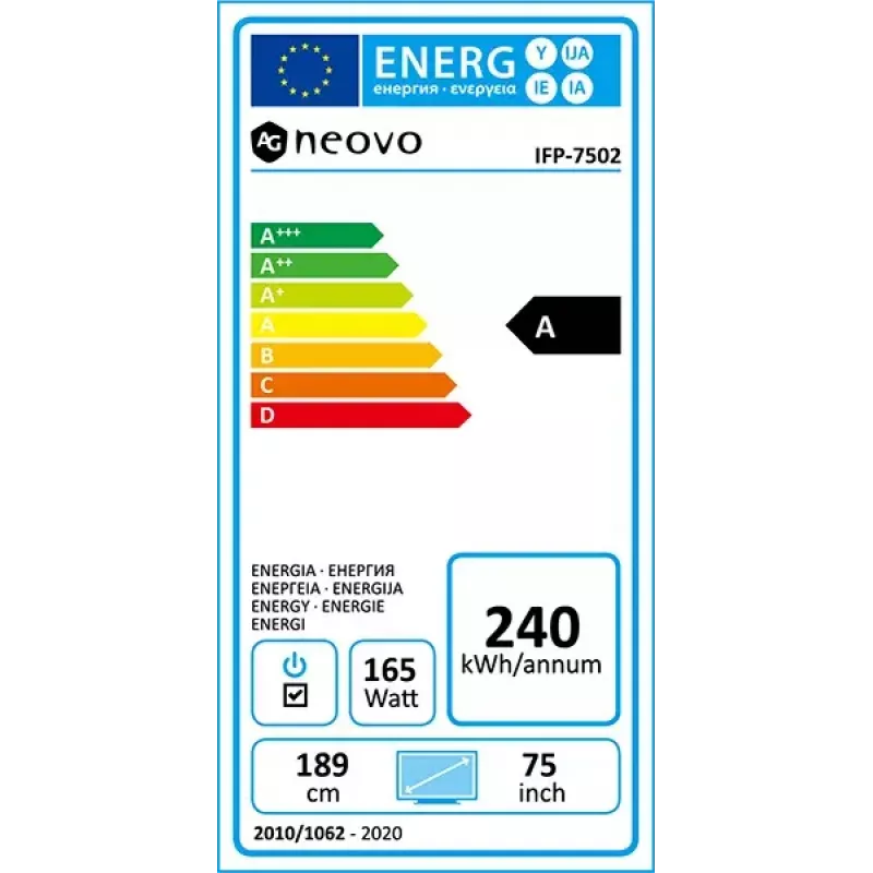 AG Neovo IFP-7502 interaktīvā plakanā paneļa 189,2 cm (74,5 collu) LCD Wi-Fi 350 cd/m² 4K Ultra HD Melns Skārienekrāns Iebūvēts procesors Android 8.0