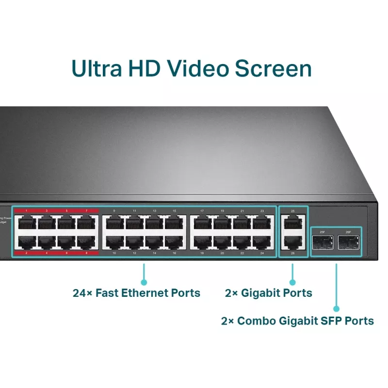 TP-Link 24 portu 10/100 Mb/s + 2 portu gigabitu nevadāms PoE+ komutators