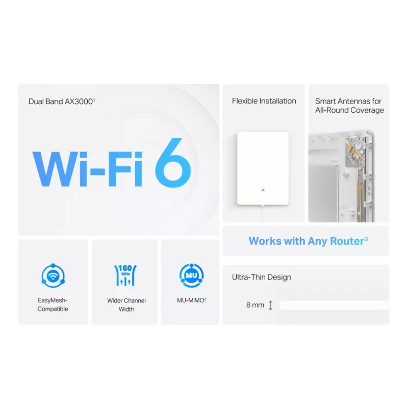 TP-Link Archer AX3000 Dual-Band Wi-Fi 6 Air Range Extender, tīkla atkārtotājs, 2976 Mbit/s, Balts, Sienas, FCC, RoHS, 12 V