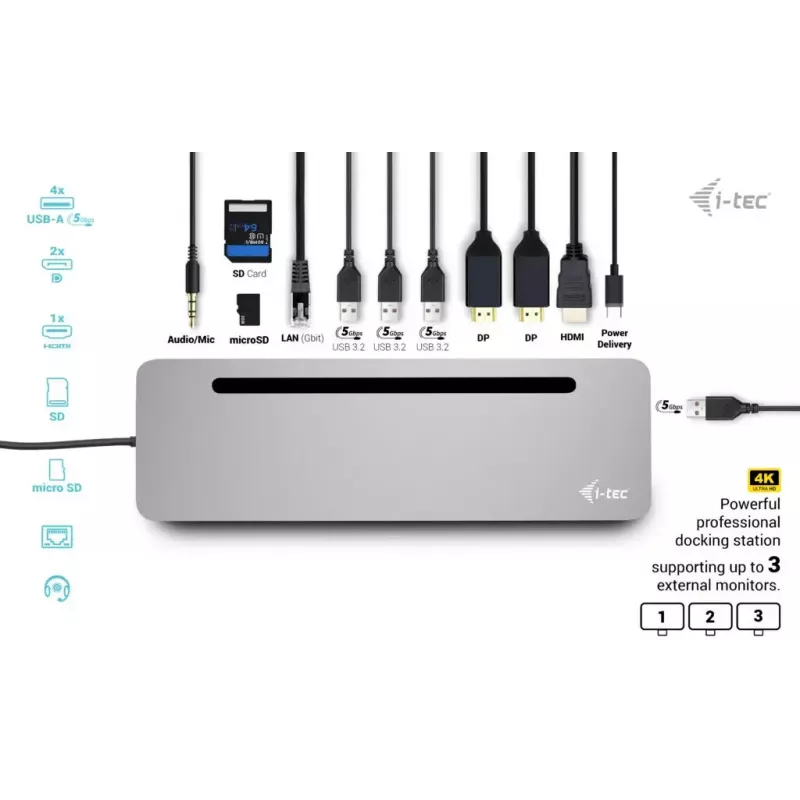 i-tec USB-C metāla ergonomiska 3x 4K displeja dokstacija + Power Delivery 100 W