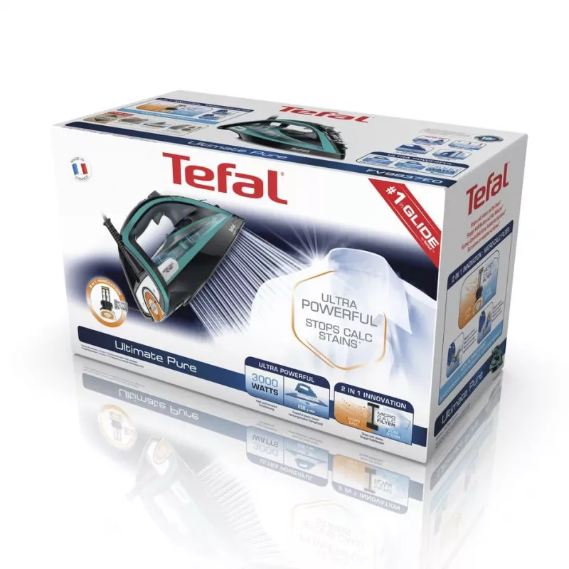 Tefal Ultimate Pure FV9844 sausā un tvaika gludeklis ar Durilium Autoclean zoli, 3200 W, melns, zils