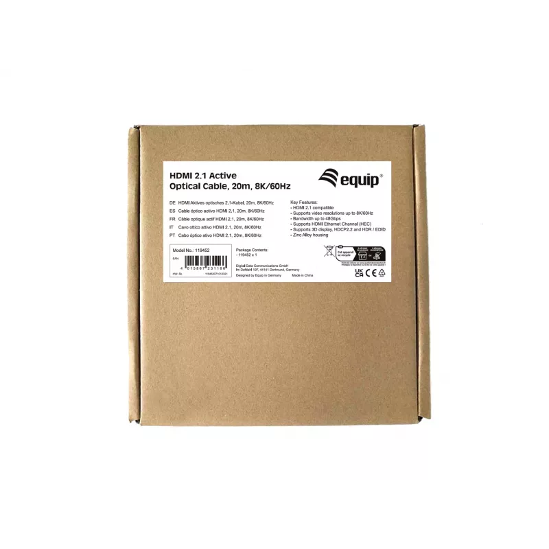 Equip HDMI 2.1 aktīvais optiskais kabelis, 20m, 8K/60Hz, 20 m, HDMI Type A (Standard), HDMI Type A (Standard), 3D, Audio Return Channel (ARC), Melns