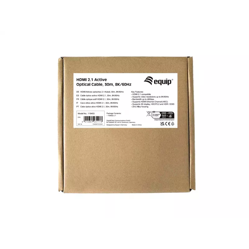 Equip HDMI 2.1 aktīvais optiskais kabelis, 30m, 8K/60Hz, 30 m, HDMI A tipa (standarta), HDMI A tipa (standarta), 3D, Audio atgriešanās kanāls (ARC), melns
