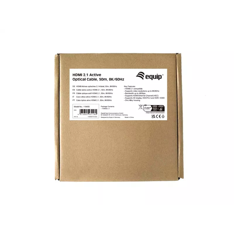 Equip HDMI 2.1 aktīvais optiskais kabelis, 50 m, 8K/60Hz, 50 m, HDMI A tipa (standarta), HDMI A tipa (standarta), 3D, audio atgriezes kanāls (ARC), melns