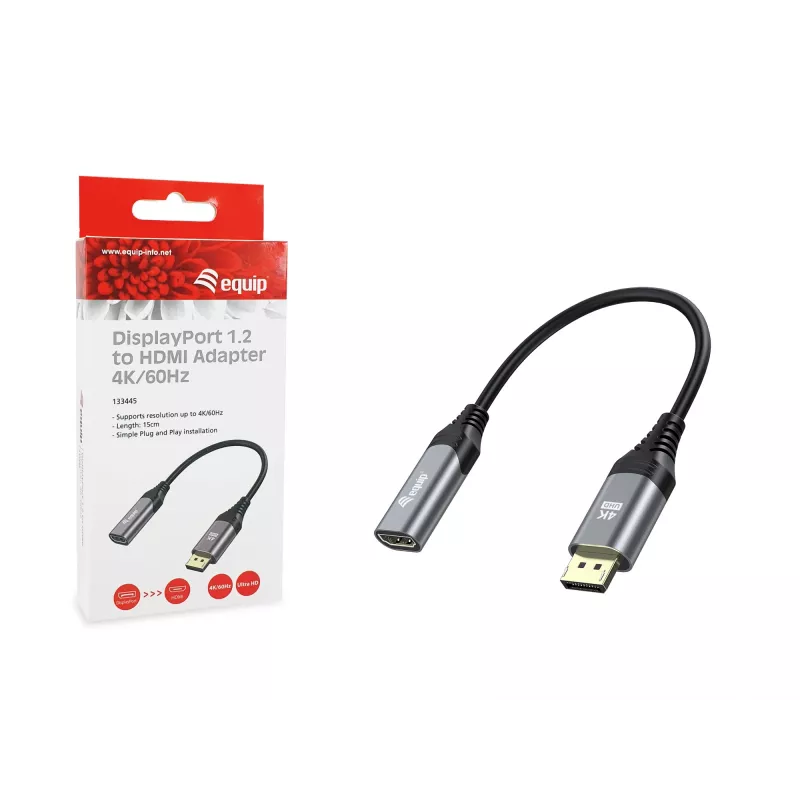 Equip DisplayPort 1.2 uz HDMI adapteris, 4K/60Hz, 0,15 m, DisplayPort, HDMI, vīrišķais, sievišķais, taisns
