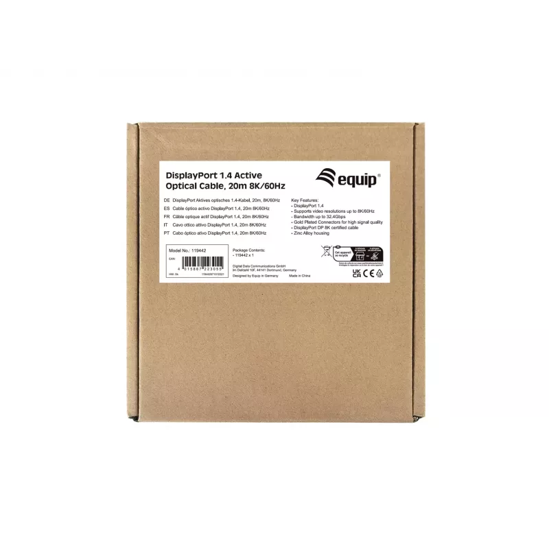 Equip DisplayPort 1.4 aktīvais optiskais kabelis, 20 m, 8K/60 Hz