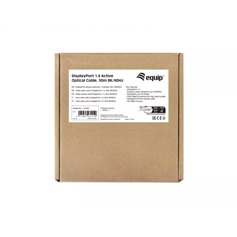 Equip DisplayPort 1.4 aktīvais optiskais kabelis, 50 m, 8K/60 Hz, 50 m, DisplayPort, DisplayPort, vīrišķais, vīrišķais, 7680 x 4320 pikseļi