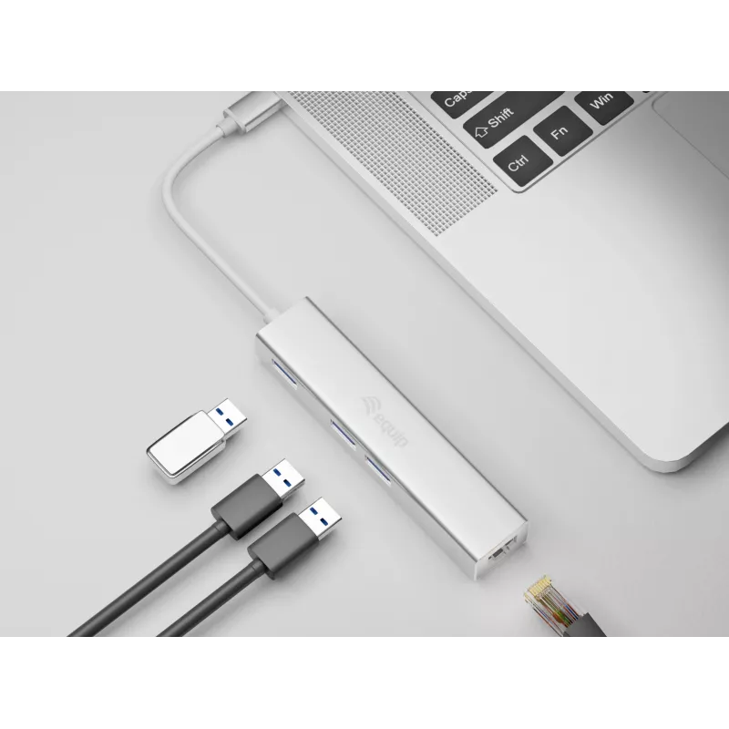 Equip USB-C uz 3 portu USB 3.0 centrmezgls ar Gigabit adapteri, USB 3.2 Gen 1 (3.1 Gen 1) Type-C, Sudraba, USB 3.2 Gen 1 (3.1 Gen 1) Type-A, WLAN, Alumīnijs, 22 mm, 15 mm