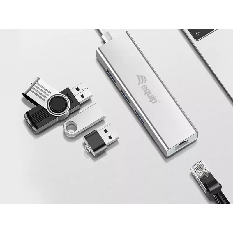 Equip USB-C uz 3 portu USB 3.0 centrmezgls ar Gigabit adapteri, USB 3.2 Gen 1 (3.1 Gen 1) Type-C, Sudraba, USB 3.2 Gen 1 (3.1 Gen 1) Type-A, WLAN, Alumīnijs, 22 mm, 15 mm