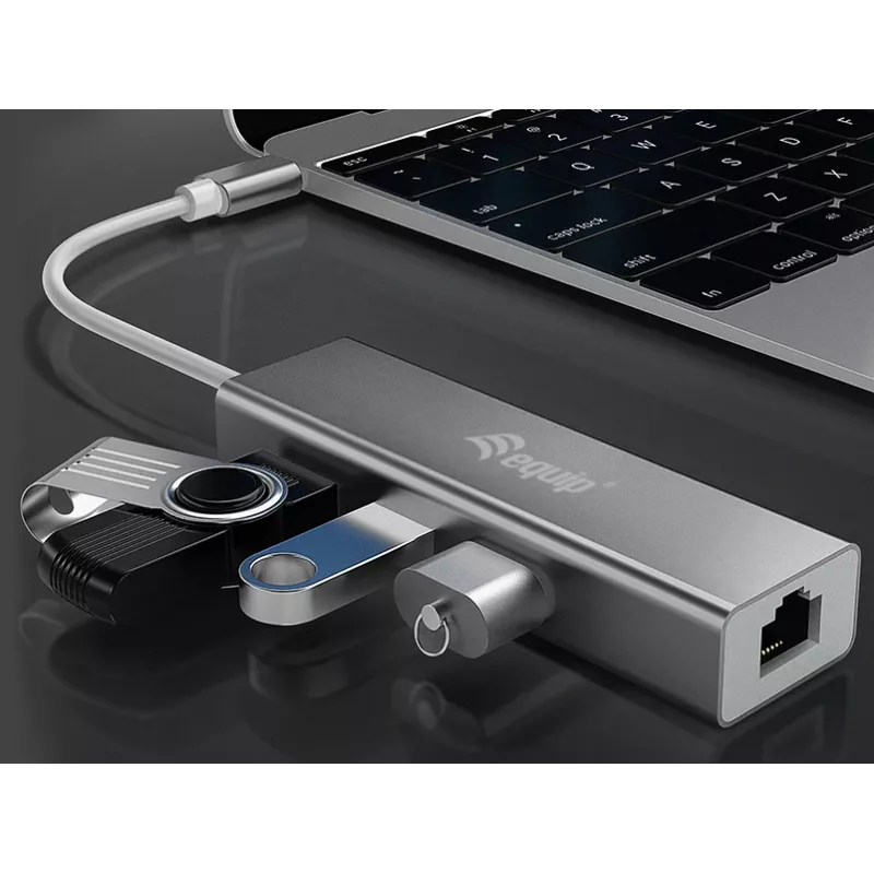 Equip USB-C uz 3 portu USB 3.0 centrmezgls ar Gigabit adapteri, USB 3.2 Gen 1 (3.1 Gen 1) Type-C, Sudraba, USB 3.2 Gen 1 (3.1 Gen 1) Type-A, WLAN, Alumīnijs, 22 mm, 15 mm