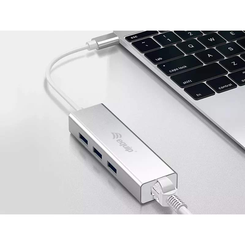 Equip USB-C uz 3 portu USB 3.0 centrmezgls ar Gigabit adapteri, USB 3.2 Gen 1 (3.1 Gen 1) Type-C, Sudraba, USB 3.2 Gen 1 (3.1 Gen 1) Type-A, WLAN, Alumīnijs, 22 mm, 15 mm