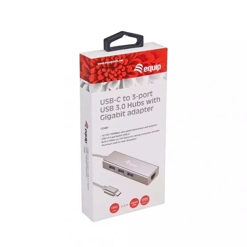 Equip USB-C uz 3 portu USB 3.0 centrmezgls ar Gigabit adapteri, USB 3.2 Gen 1 (3.1 Gen 1) Type-C, Sudraba, USB 3.2 Gen 1 (3.1 Gen 1) Type-A, WLAN, Alumīnijs, 22 mm, 15 mm