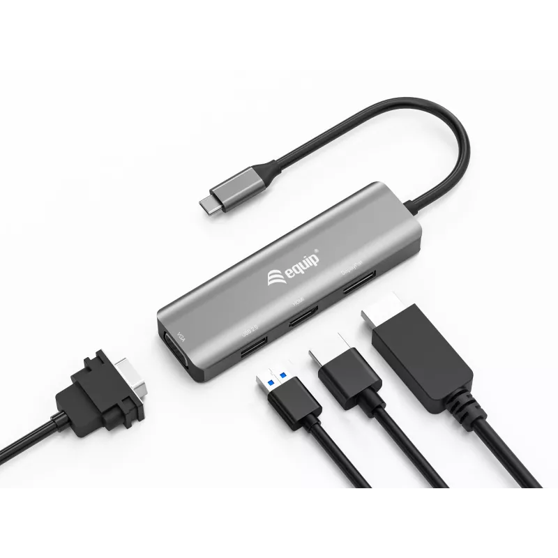 Equip USB-C uz HDMI/DisplayPort/VGA/USB adapteris, USB Type-C, HDMI izeja, DisplayPort izeja, VGA (D-Sub) izeja, 3840 x 2160 pikseļi