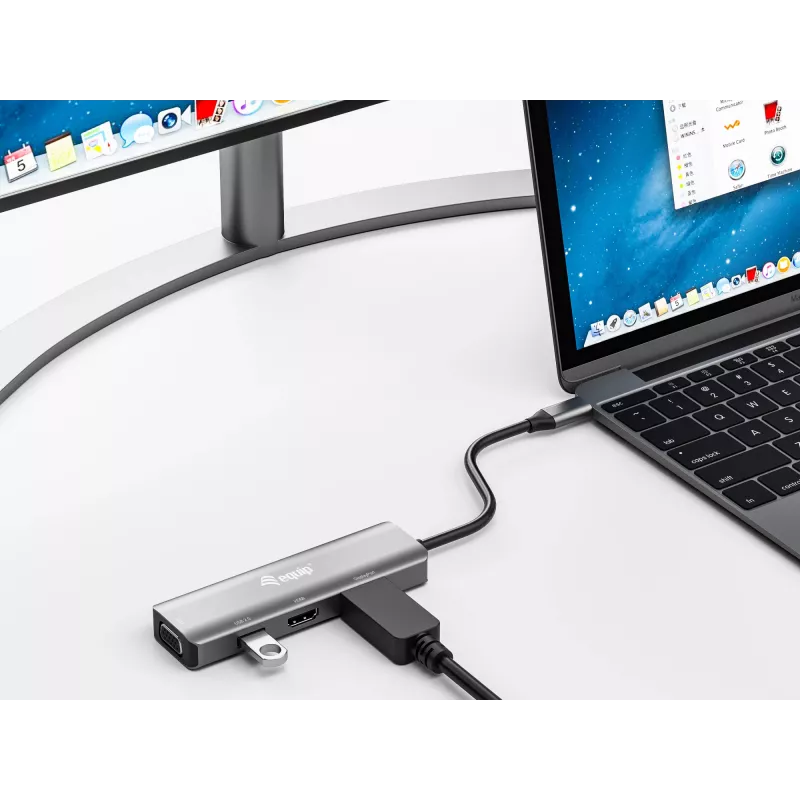 Equip USB-C uz HDMI/DisplayPort/VGA/USB adapteris, USB Type-C, HDMI izeja, DisplayPort izeja, VGA (D-Sub) izeja, 3840 x 2160 pikseļi