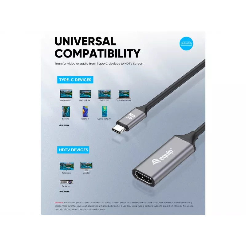 Equip USB-C–HDMI 2.0 adapteris, 4K/60Hz, 0,15 m, USB Type-C, HDMI, vīrišķais, sievišķais, taisns