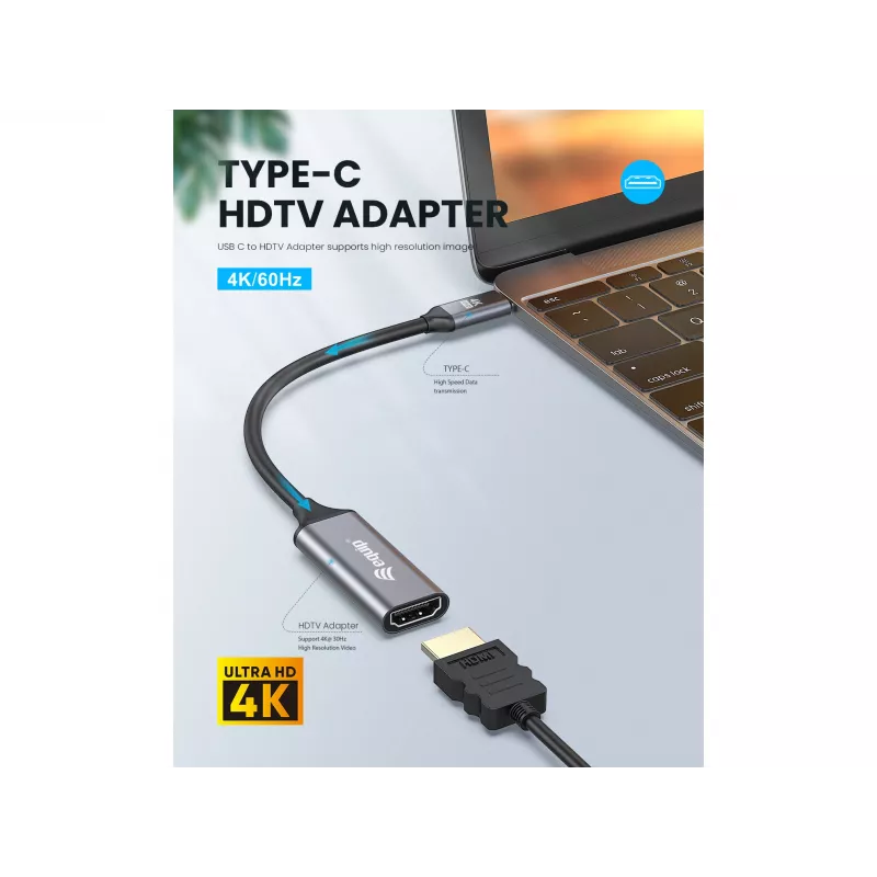 Equip USB-C–HDMI 2.0 adapteris, 4K/60Hz, 0,15 m, USB Type-C, HDMI, vīrišķais, sievišķais, taisns