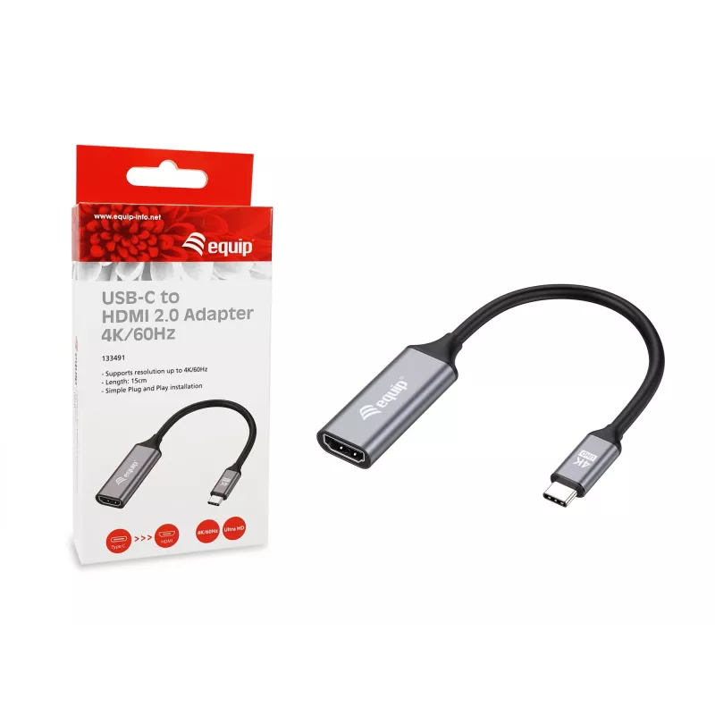 Equip USB-C–HDMI 2.0 adapteris, 4K/60Hz, 0,15 m, USB Type-C, HDMI, vīrišķais, sievišķais, taisns