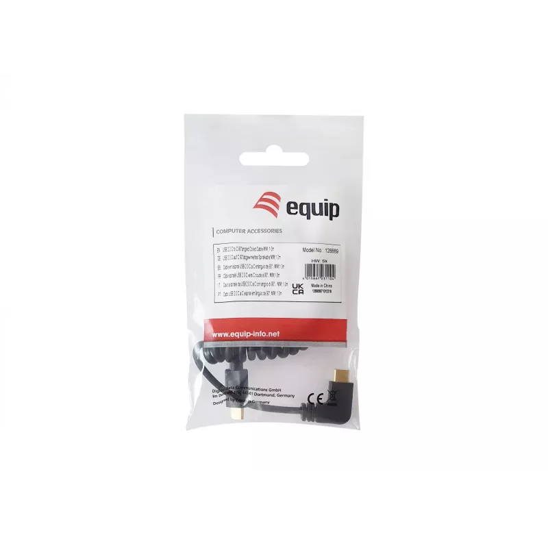 Equip USB 2.0 C to C 90° leņķa spirālvads M/M 1 m Melns
