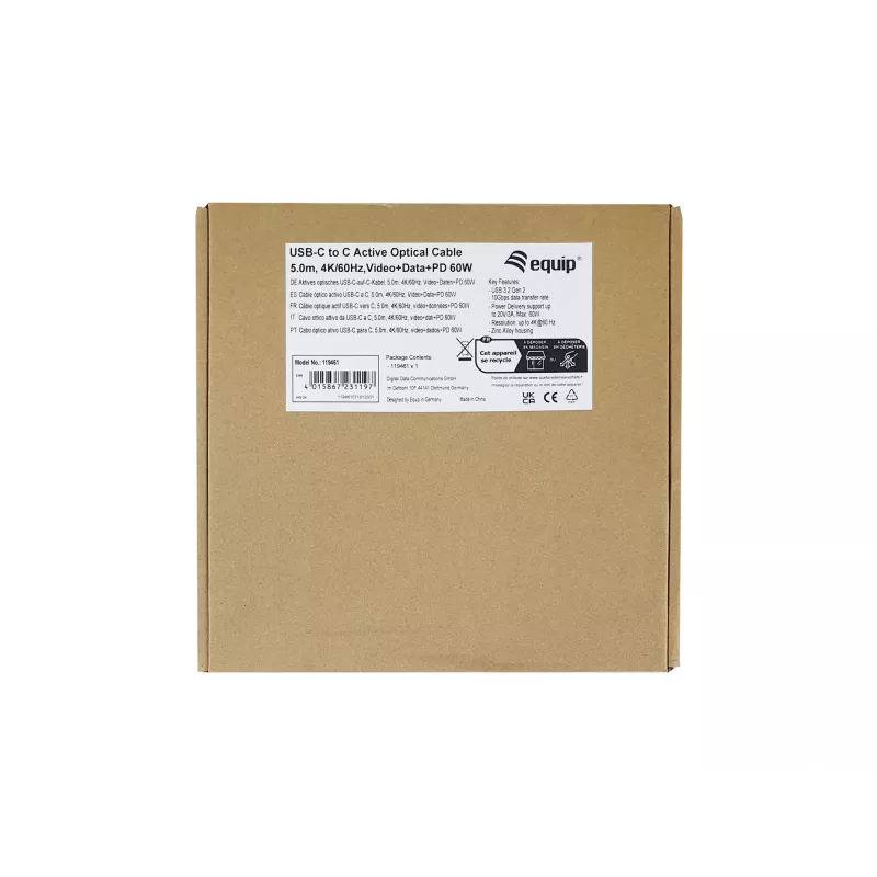 Equip USB-C to C Active Optical kabelis, M/M, 5,0 m, PD 60 W, 4K/60 Hz, 10 Gbps, Video+Data+PD