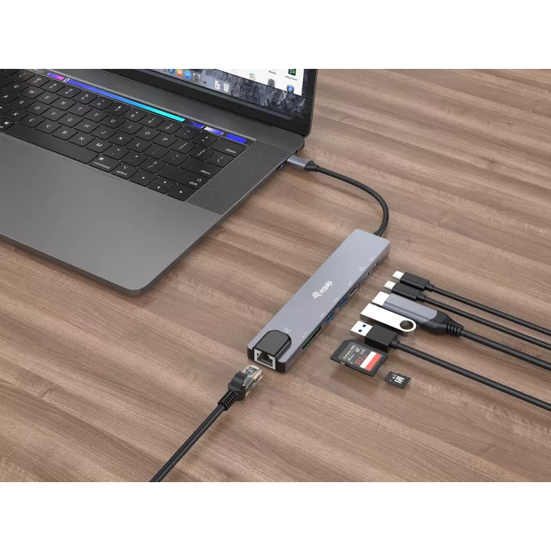 Equip USB-C 8-in-1 daudzfunkcionāls adapteris, vadu, USB Type-C, 100 W, 1000 Mbit/s, 1000BASE-T, IEEE 802.3ab