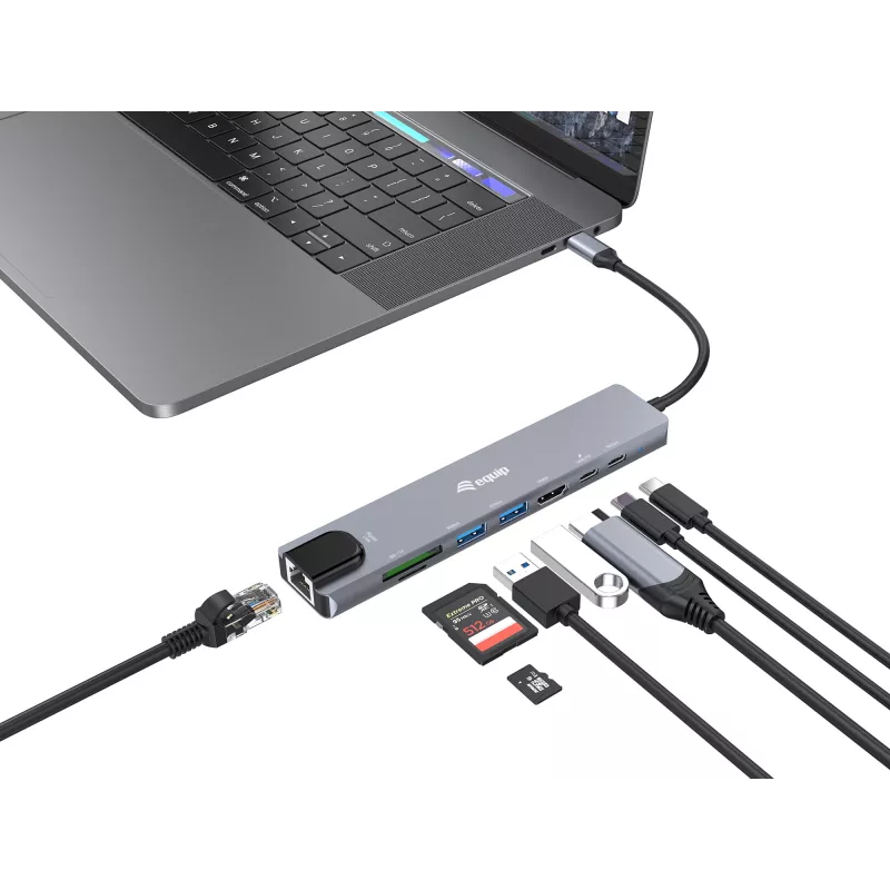 Equip USB-C 8-in-1 daudzfunkcionāls adapteris, vadu, USB Type-C, 100 W, 1000 Mbit/s, 1000BASE-T, IEEE 802.3ab