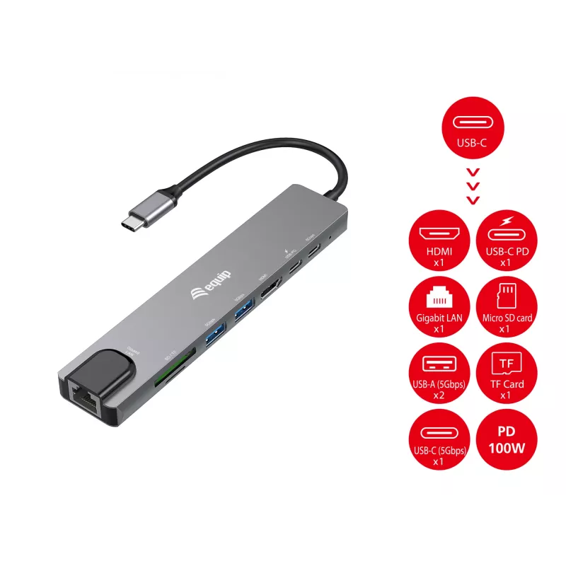Equip USB-C 8-in-1 daudzfunkcionāls adapteris, vadu, USB Type-C, 100 W, 1000 Mbit/s, 1000BASE-T, IEEE 802.3ab