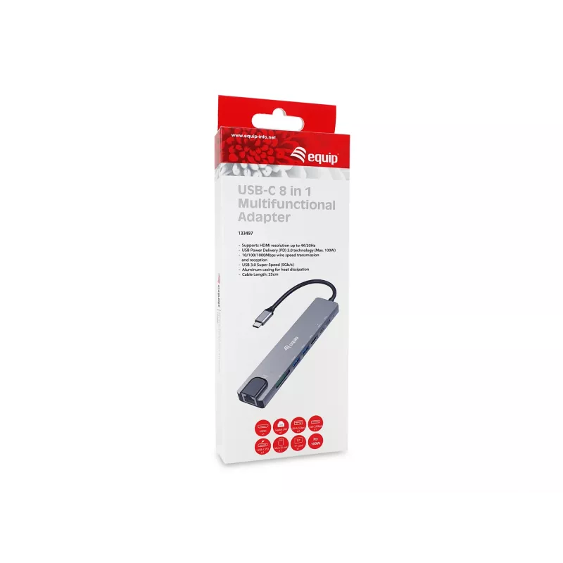 Equip USB-C 8-in-1 daudzfunkcionāls adapteris, vadu, USB Type-C, 100 W, 1000 Mbit/s, 1000BASE-T, IEEE 802.3ab
