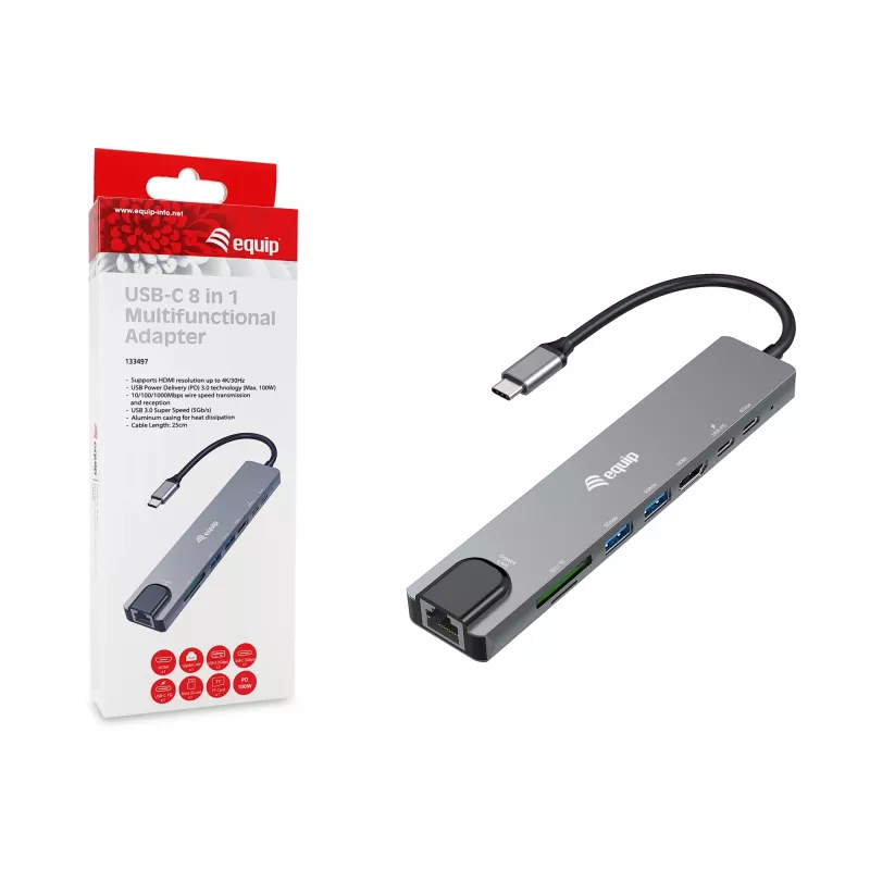 Equip USB-C 8-in-1 daudzfunkcionāls adapteris, vadu, USB Type-C, 100 W, 1000 Mbit/s, 1000BASE-T, IEEE 802.3ab