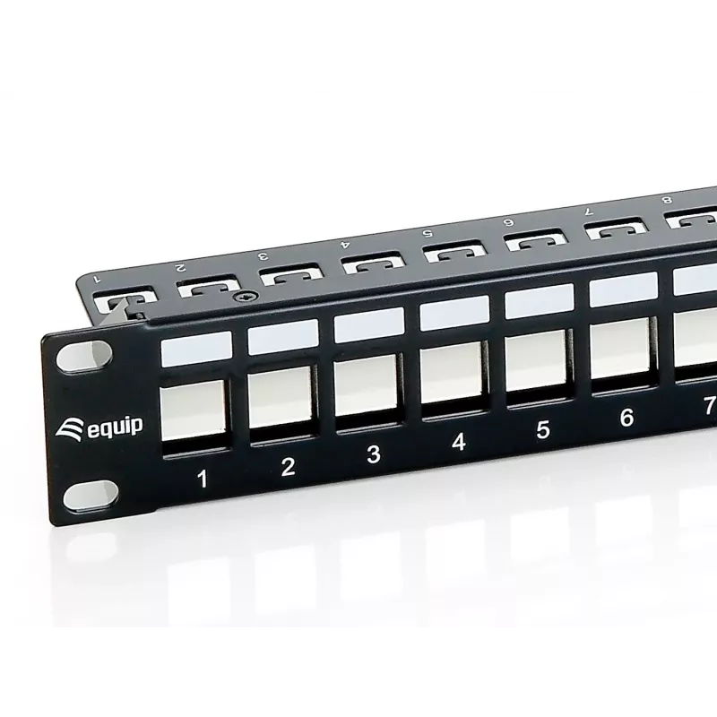 Equip 24-portu Keystone Cat.6 ekranēts sadales panelis, melns, Cat6, stiprinājums statīvā, 1U, melns, 92,5 mm, 483 mm