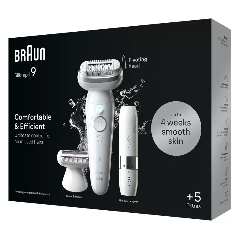 Epilators BRAUN Silk-épil 9 SES9-341 — 40 pincetes, Wet & Dry, 50 min akumulators, 2 ātrumi, balts