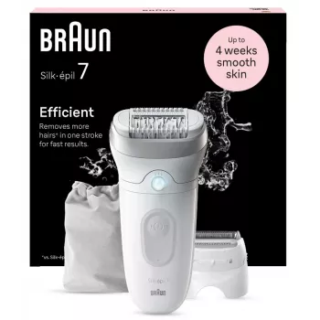 Epilators BRAUN Silk-épil 7 7-041 — bezvada mitrā un sausā epilators ar MicroGrip, masāžu, skuvekli un bikini trimmeri, pelēks/baltā krāsā
