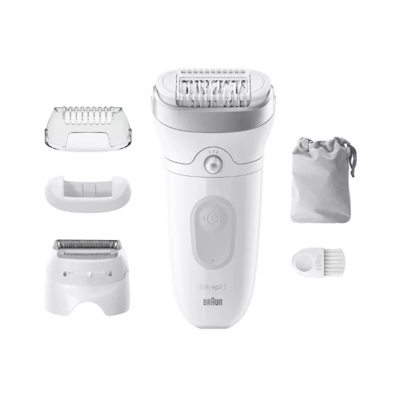 Epilators BRAUN Silk-épil 7 7-041 — bezvada mitrā un sausā epilators ar MicroGrip, masāžu, skuvekli un bikini trimmeri, pelēks/baltā krāsā