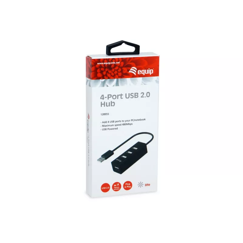 Equip 4 portu USB 2.0 centrmezgls, USB 2.0, USB 2.0, 480 Mbit/s, Melns, Ķīna, CE, RoHS
