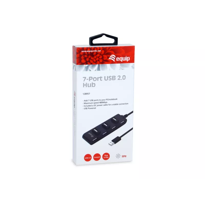 Equip 7 portu USB 2.0 centrmezgls, USB 2.0, USB 2.0, 480 Mbit/s, melns, Ķīna, CE, RoHS
