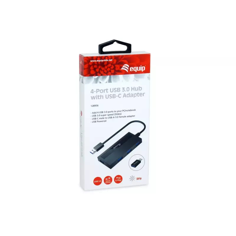 USB centrmezgls Equip 4 portu USB 3.0 ar USB-C adapteri
