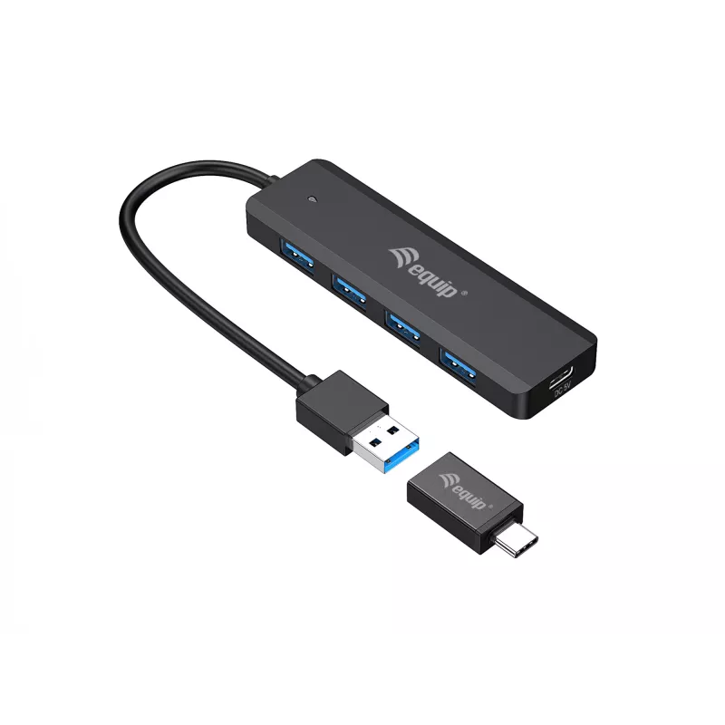 4-Portu USB 3.2 Gen 1 centrālmezgls Equip ar USB-C adapteri, melns, 5000 Mbit/s