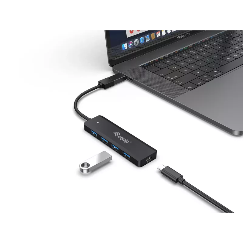 4-Portu USB 3.2 Gen 1 centrālmezgls Equip ar USB-C adapteri, melns, 5000 Mbit/s