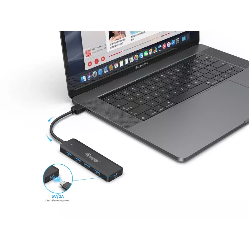 4-Portu USB 3.2 Gen 1 centrālmezgls Equip ar USB-C adapteri, melns, 5000 Mbit/s