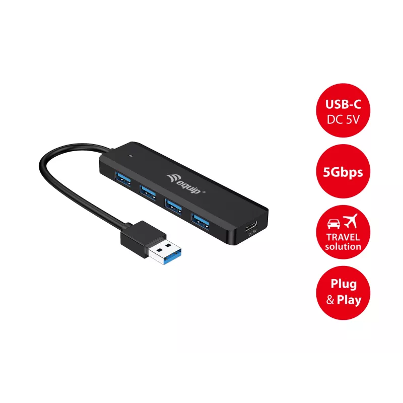 4-Portu USB 3.2 Gen 1 centrālmezgls Equip ar USB-C adapteri, melns, 5000 Mbit/s